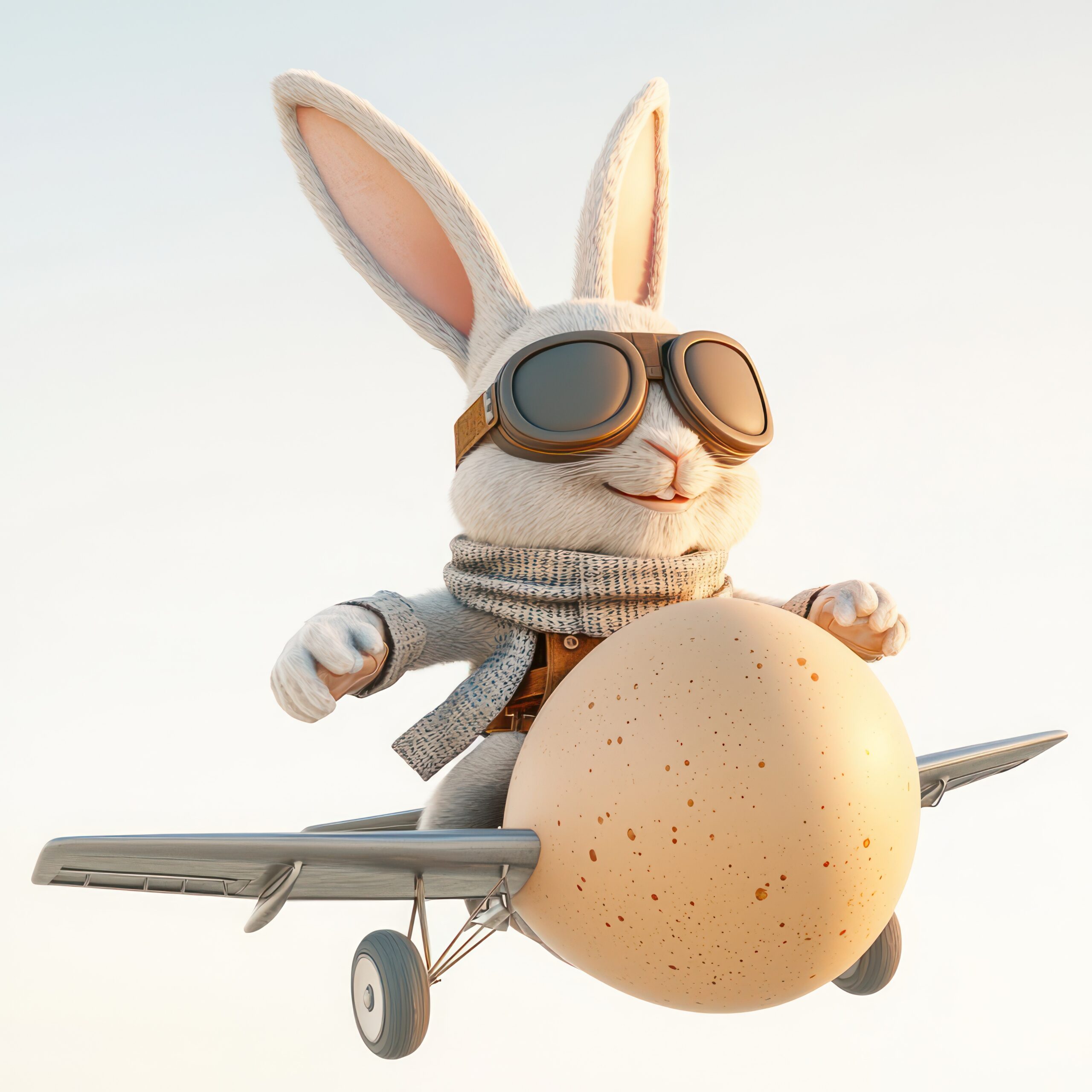 3D image of an aviator Easter bunny, flying an egg-shaped plane with clear skies in the background, captures the thrill of flight.